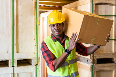 Portrait of african black warehouse worker hold cardboard box packaging on his shoulder in large...