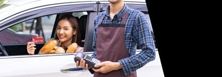 Asian woman make mobile payment contactless technology for online grocery ordering and drive thru...