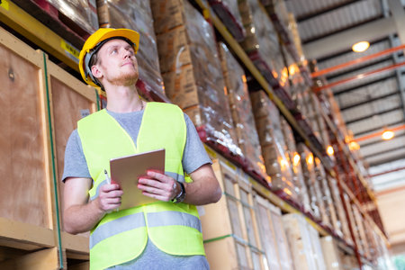 Portrait white caucasian warehouse worker stand with digital tablet for inventory checking in large...