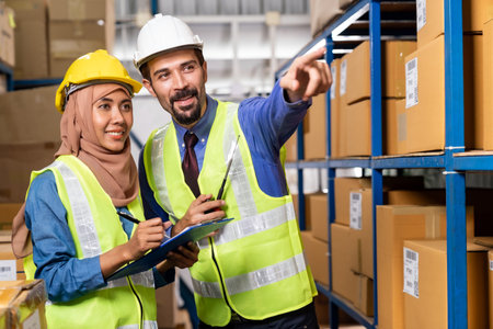 White caucasian warehouse manager command and assign job to muslim asian warehouse worker in...