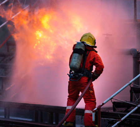 Firefighter using water fog type fire extinguisher to fighting with the fire flame from oil pipeline...