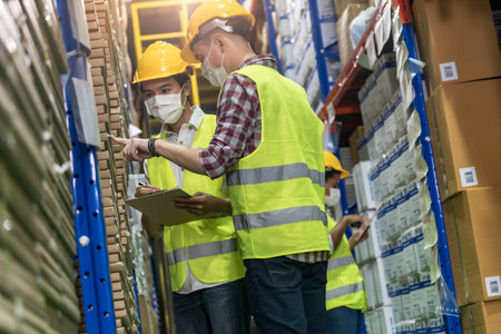 Interracial team Asian African and Caucasian work check goods use clipboard barcode scanner in...