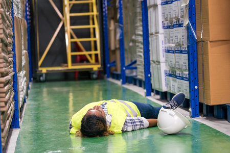 African black warehouse manager lying down. On factory ground after injured from accident while working. Using for industrial safety first and business insurance concept.の写真素材
