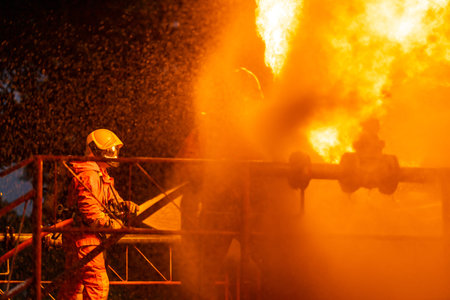 Firefighter using water fog type fire extinguisher to fighting with the fire flame from oil pipeline...