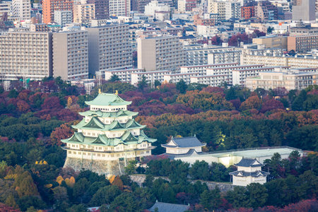 Aerial view of Nagoya Castle with Nagiya downtown skylineのeditorial素材