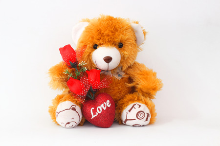 Brown teddy bears and red roses on a white background.の写真素材