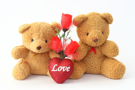 Brown teddy bear holding two roses on a white background.の写真素材