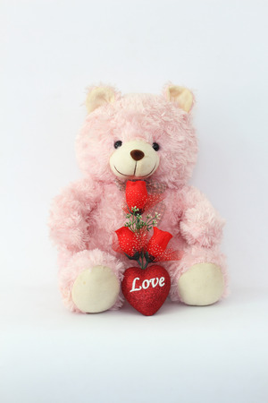 Teddy bears, pink and red roses on a white background.の写真素材