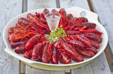 A plate filled with crawfish and a schnappas placed on an old table outdoorsの写真素材