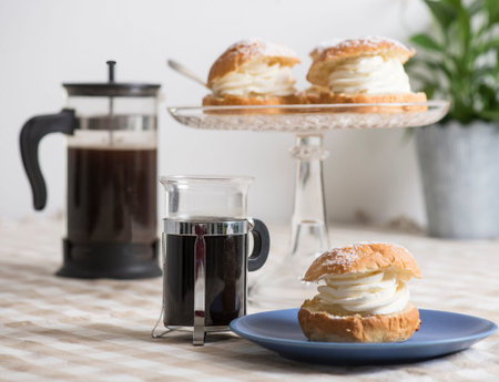 Coffee table set with creamy almond bun
