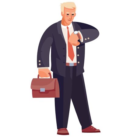 Successful businessman looks at his wrist watch, vectorのイラスト素材