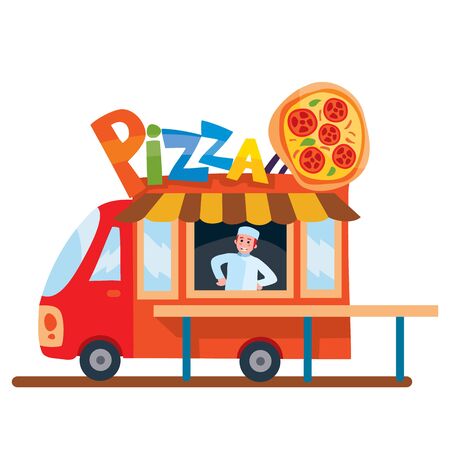 Mobile food truck. Car with Italian food. Vector illustration. Cartoon style.のイラスト素材