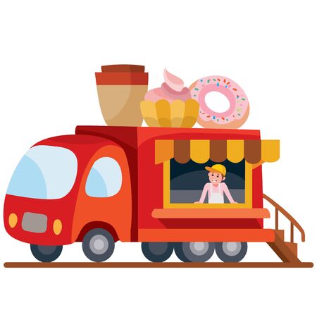 Mobile food truck. Car with Italian food. Vector illustration. Cartoon style.のイラスト素材