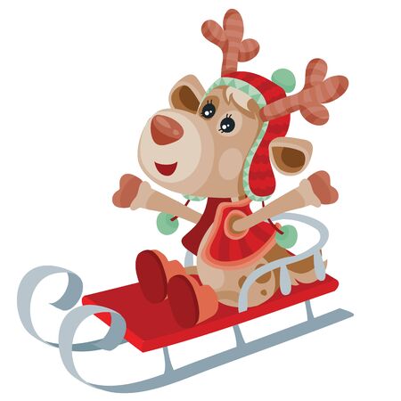 A cute deer with a red nose sits on a sleigh and has fun because the New Year holiday is coming soon. isolated object on a white background,のイラスト素材
