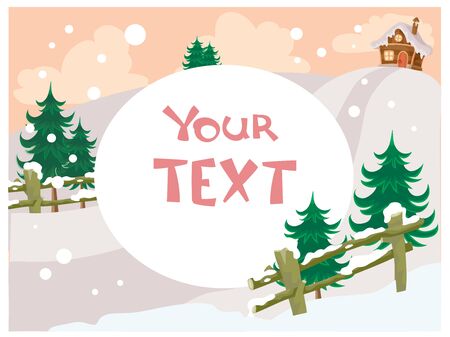 winter holiday background with house, fence and fir tree for christmas and new year with place for your text,のイラスト素材