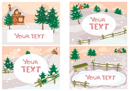 set of winter holiday backgrounds with house, fence, ice rink and fir tree for christmas and new year with place for your text, vector illustrationのイラスト素材