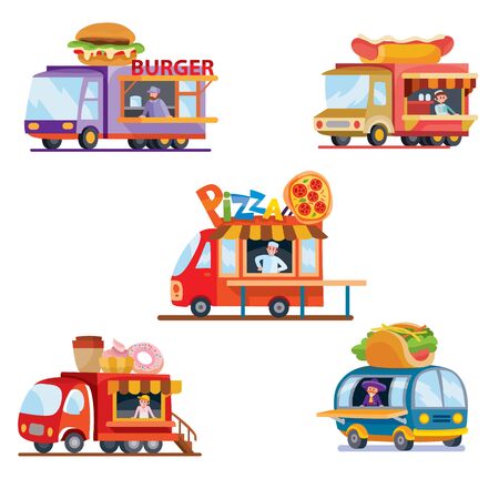 cars sell fast food, stand isolated object on a white background, sell, hamburger, hot dog, tacos, coffee, donut, pizza,のイラスト素材