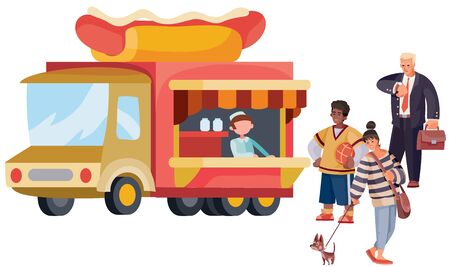 line of two people and a girl with a dog stand in front of a fast food truck that sells a hot dog, separate layers,のイラスト素材