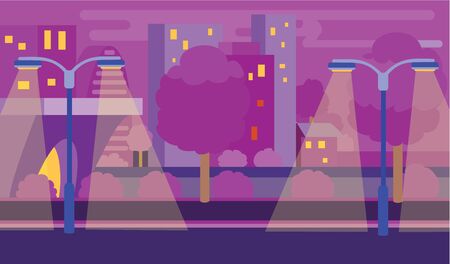 night city landscape with dark silhouettes of houses and luminous lanterns, night, sleep, comfort, danger,のイラスト素材