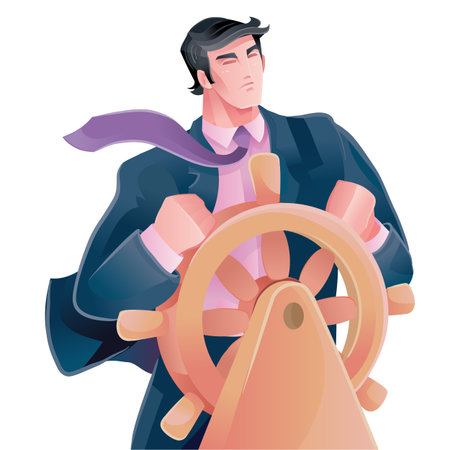 man stands at the helm and confidently leads his business forward, looks fearlessly forward despite adversity, wind and obstacles, isolated object on a white background,のイラスト素材