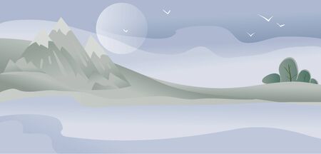 blue natural background with moon, mountains and forest, all in fogのイラスト素材