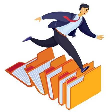 a man in a suit runs through open folders, in a hurry, looking, isolated object on a white background,のイラスト素材