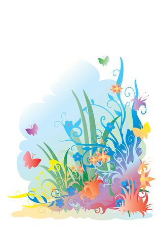 Ornament with a multi-coloured grass, colors, butterflies and with a blue backgroundのイラスト素材