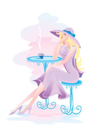 woman in a big hat sits in a cafe at a table, vector illustrationのイラスト素材