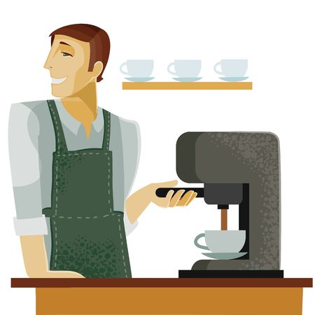 barista makes someone coffee and smiles, behind him there is a shelf with three mugs, style, service, seller, bartender,のイラスト素材