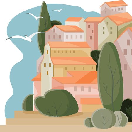 Bay seaside town landscape with cypress houses and blue sky, rest, vacation, calm, measured, vector illustrationのイラスト素材