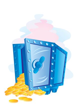 the blue metal safe is open and gold coins are falling from itのイラスト素材