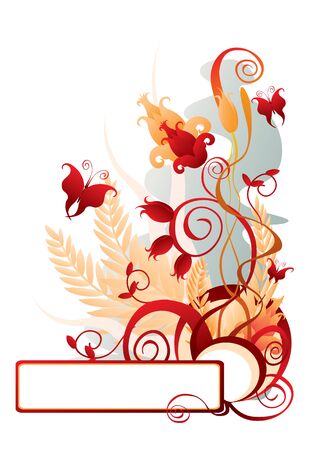 decorative banner with flowers, butterflies in brown tonesのイラスト素材