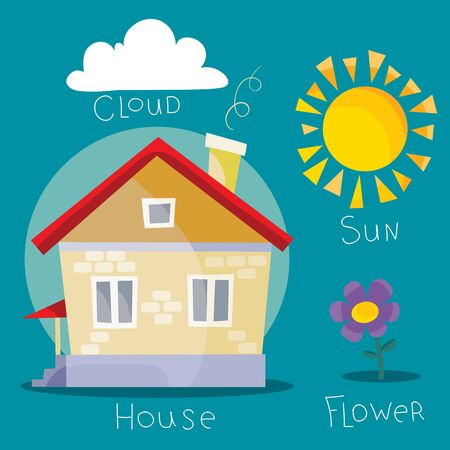 cute childish illustration with house, sun and flower, primitivism,のイラスト素材