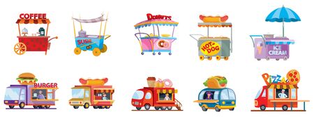 set of fast food trucks and street food carts, isolated object on a white background, vector illustrationのイラスト素材