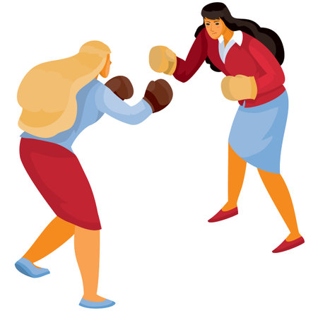two women in office clothes box with each other, aggression, defense, argument, assault, discussion, isolated object on a white background, vector illustrationのイラスト素材