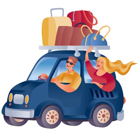 a car loaded with a large number of luggage from bags and suitcases, a man and a woman are sitting in the car and are enjoying their journey, isolated object on a white background,のイラスト素材