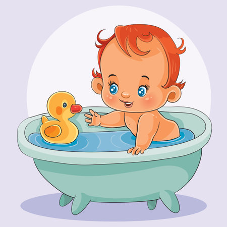 little baby bathes in a bathtub with a rubber duck, isolated object on a white background,のイラスト素材