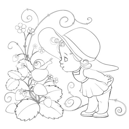 little girl in a big hat leaned over a big strawberry bushes and sniffs flowers, outline drawing, isolated object on a white background, vector illustrationのイラスト素材
