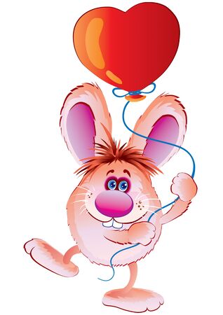 merry pink hare holds a heart-shaped balloon by the rope, isolated object on white background, vector illustrationのイラスト素材