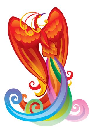 fairy bird phoenix in red, isolated object on a white background, vector illustrationのイラスト素材