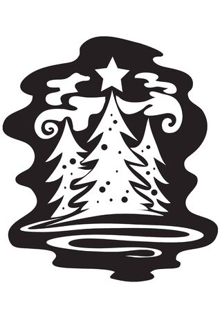 three Christmas trees on Christmas night stand at night in the forest, graphic, black, vector illustrationのイラスト素材
