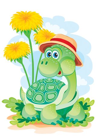 cute land tortoise in a hat on a background of yellow dandelions, vector illustration,.のイラスト素材