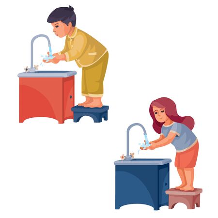 boy and girl stand on a stool and wash their hands under running water, isolated object on a white background, vector illustration,のイラスト素材