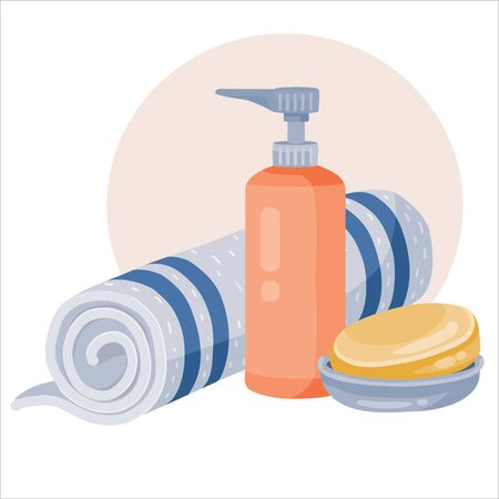set of twisted towel, bar of soap and a bottle of liquid soap or shampoo, vector illustration, epsのイラスト素材