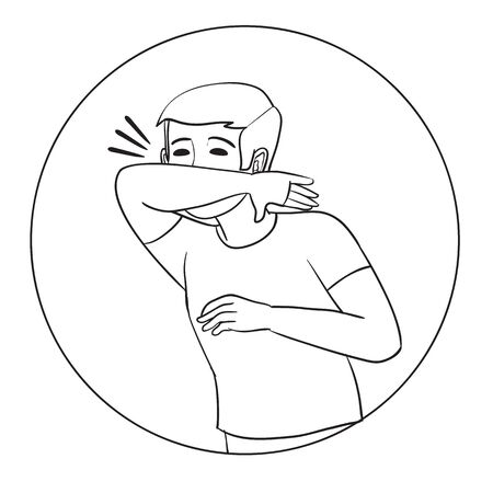 boy sneezes in the elbow, outline drawing, isolated object on a white background, vector illustrationのイラスト素材