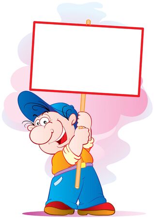man in a blue cap holds in his hands a blank poster, cartoon, isolated object on a white background, vector illustrationのイラスト素材
