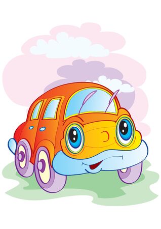 Car wash service - happy yellow automobile with soap bubbles. Vector illustration of happy yellow car in car wash cleaning service. Vector cartoon illustrationのイラスト素材