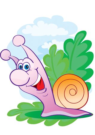 funny snail character on a background of green foliage, vector illustrationのイラスト素材