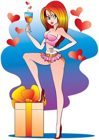 girl in a swimsuit stands next to a gift and put her foot on the box, vector illustrationのイラスト素材