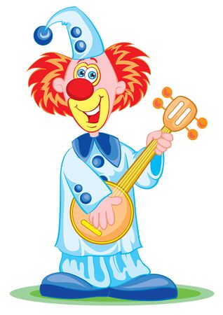 funny clown in blue clothes in a cap and with red hair plays on the mandala, isolated object on a white background, vector illustrationのイラスト素材